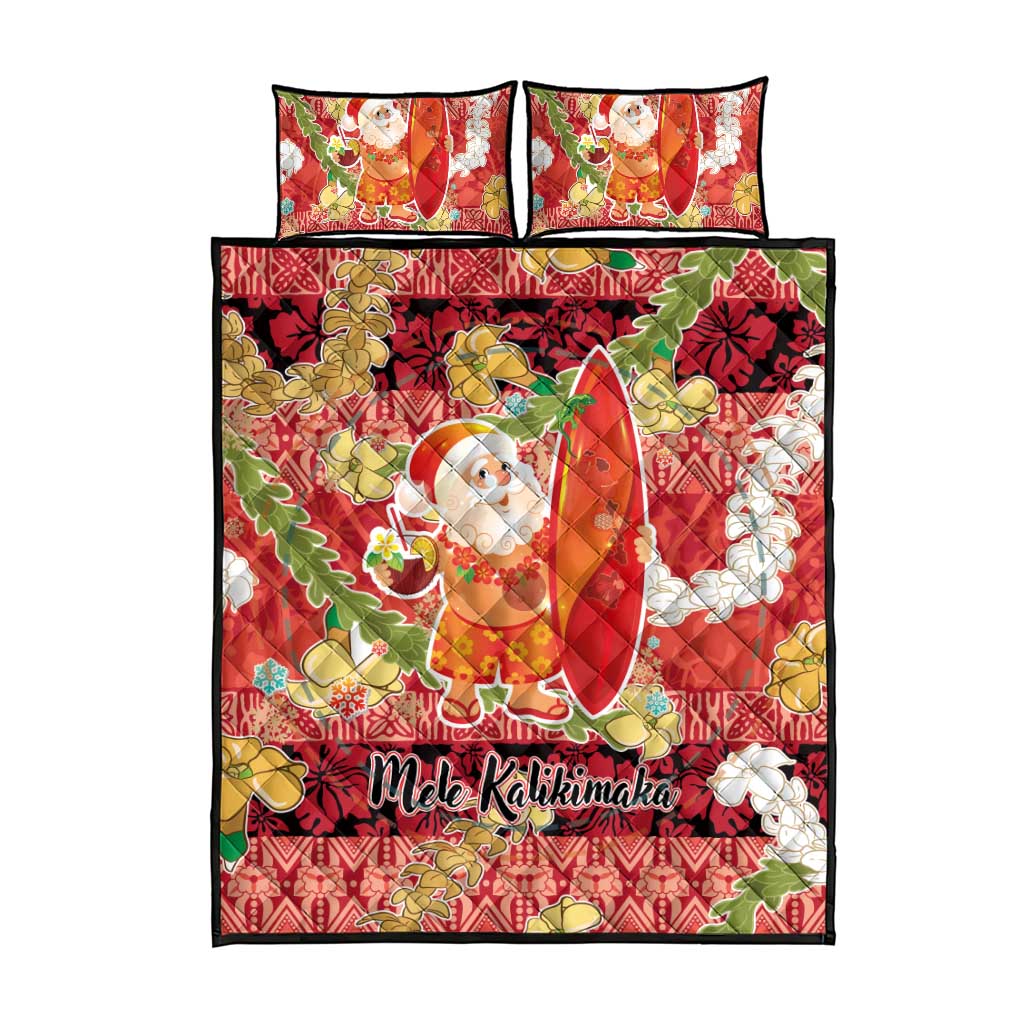 Hawaii Santa Mele Kalikimaka Quilt Bed Set Tropical Puakenikeni Lei with Polynesian Tribal Pattern - Polynesian Pride