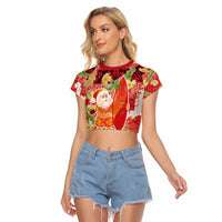 Hawaii Santa Mele Kalikimaka Raglan Cropped T Shirt Tropical Puakenikeni Lei with Polynesian Tribal Pattern - Polynesian Pride