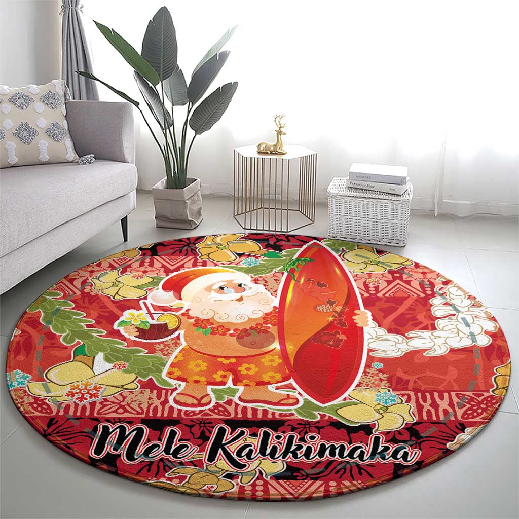 Hawaii Santa Mele Kalikimaka Round Carpet Tropical Puakenikeni Lei with Polynesian Tribal Pattern - Polynesian Pride