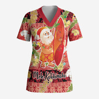 Hawaii Santa Mele Kalikimaka Scrub Top Tropical Puakenikeni Lei with Polynesian Tribal Pattern - Polynesian Pride