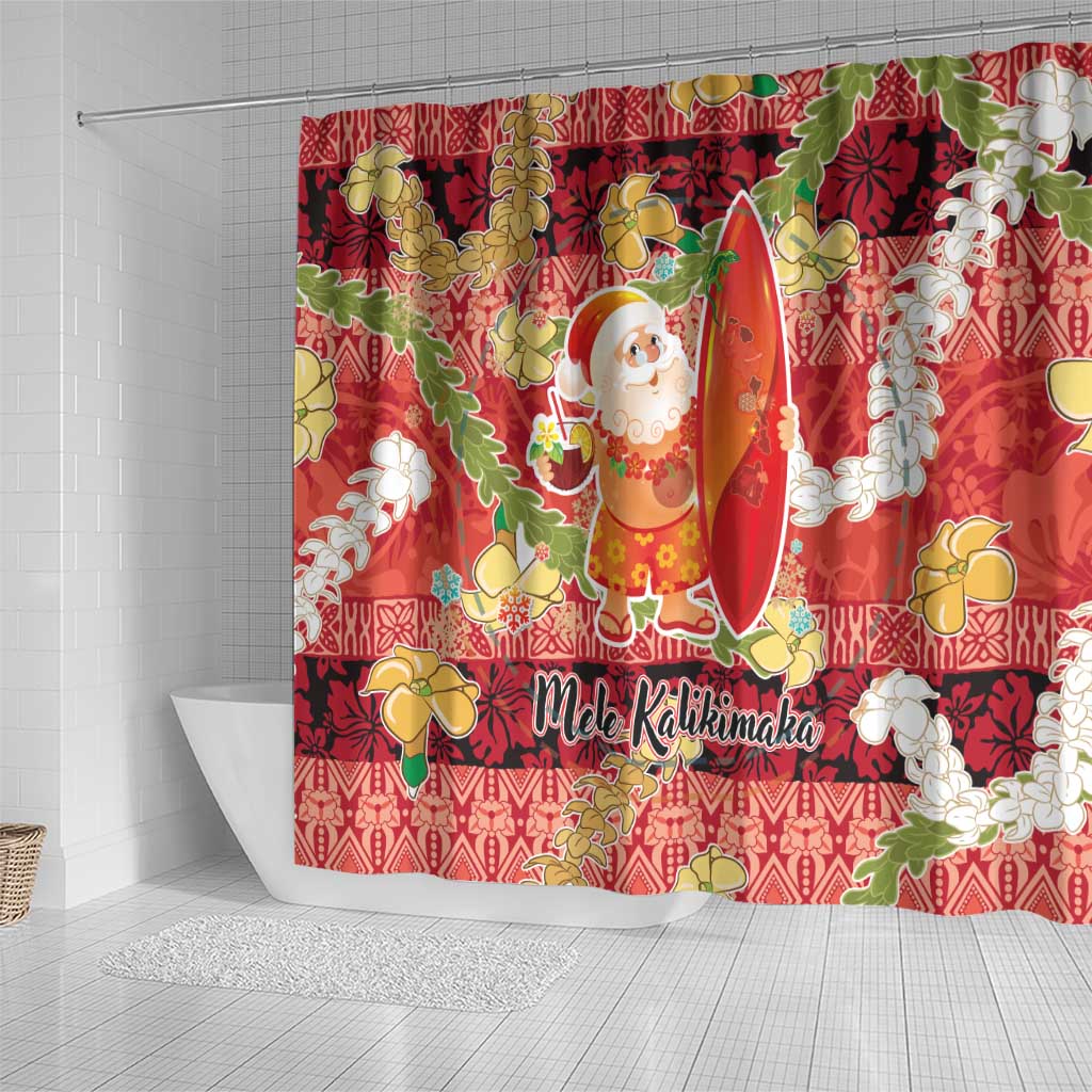Hawaii Santa Mele Kalikimaka Shower Curtain Tropical Puakenikeni Lei with Polynesian Tribal Pattern - Polynesian Pride