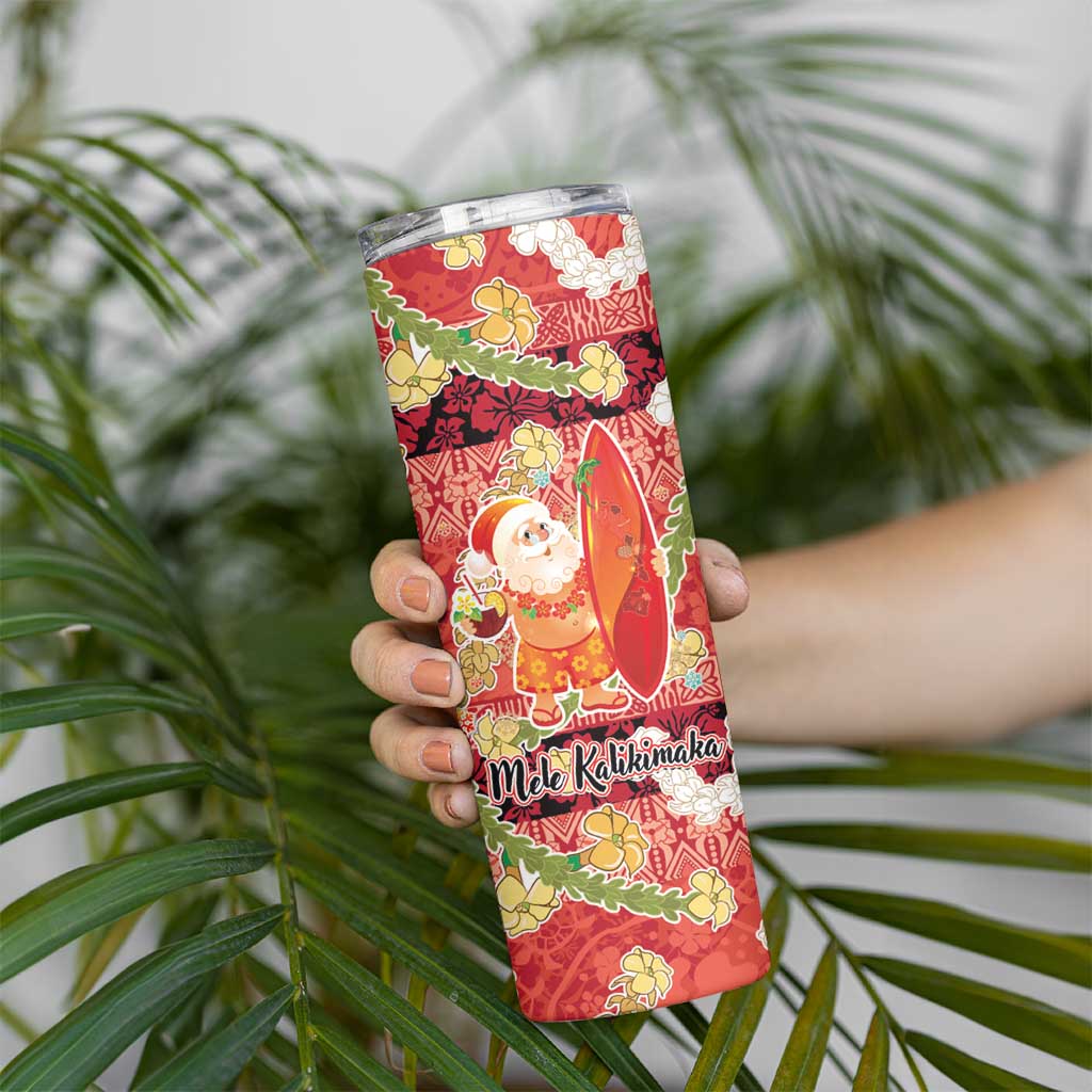 Hawaii Santa Mele Kalikimaka Skinny Tumbler Tropical Puakenikeni Lei with Polynesian Tribal Pattern - Polynesian Pride