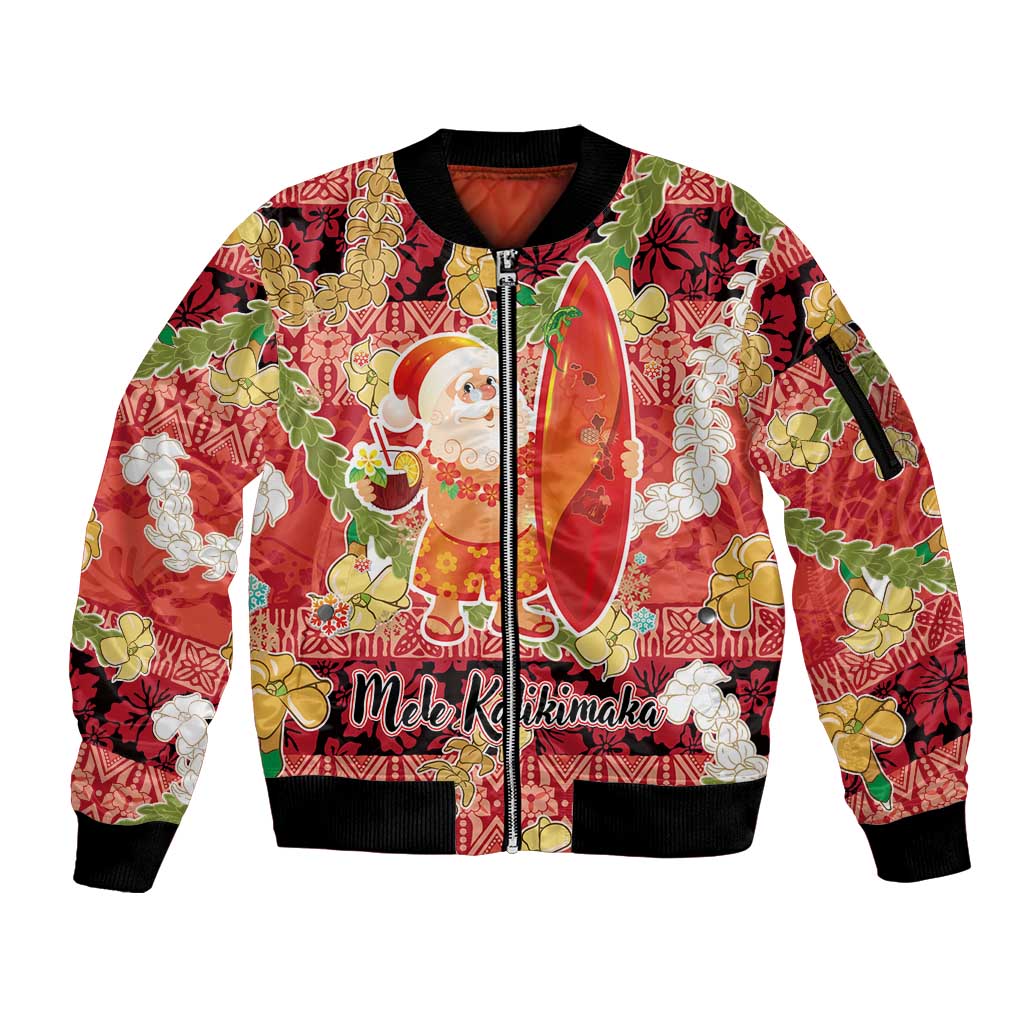 Hawaii Santa Mele Kalikimaka Sleeve Zip Bomber Jacket Tropical Puakenikeni Lei with Polynesian Tribal Pattern - Polynesian Pride