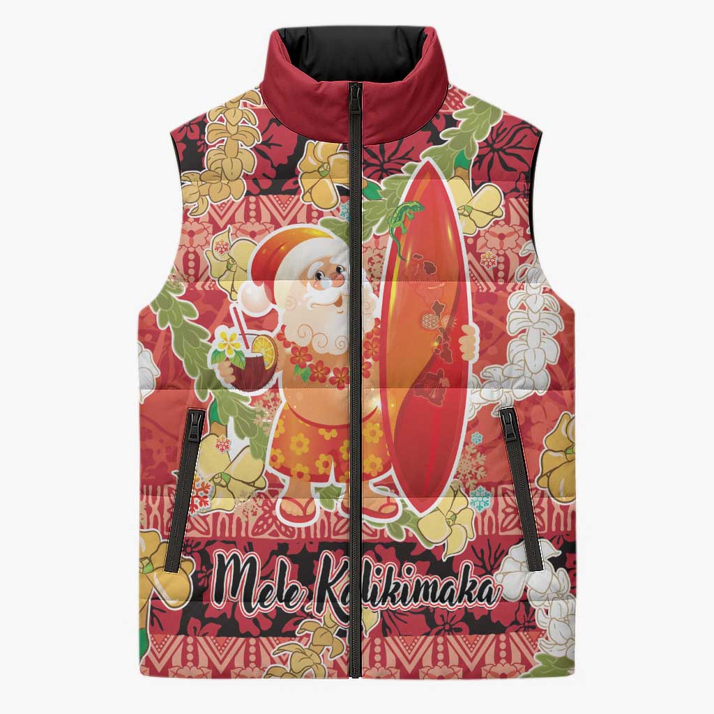 Hawaii Santa Mele Kalikimaka Sleeveless Puffer Jacket Tropical Puakenikeni Lei with Polynesian Tribal Pattern - Polynesian Pride