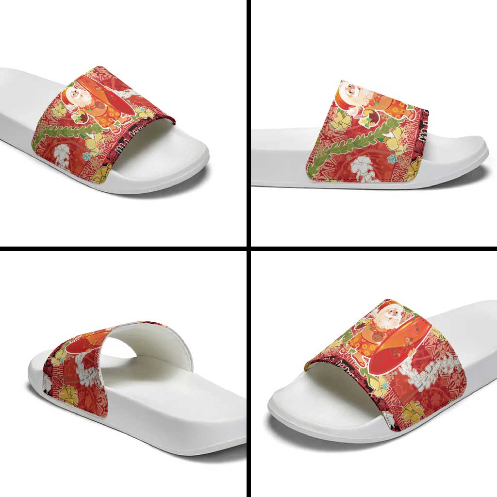 Hawaii Santa Mele Kalikimaka Slide Sandals Tropical Puakenikeni Lei with Polynesian Tribal Pattern - Polynesian Pride