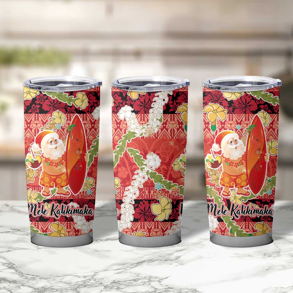 Hawaii Santa Mele Kalikimaka Tumbler Cup Tropical Puakenikeni Lei with Polynesian Tribal Pattern - Polynesian Pride