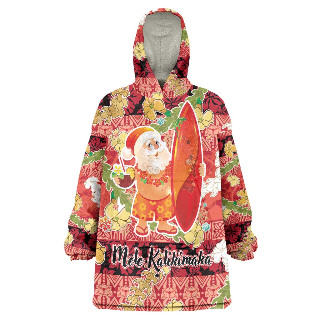Hawaii Santa Mele Kalikimaka Wearable Blanket Hoodie Tropical Puakenikeni Lei with Polynesian Tribal Pattern - Polynesian Pride