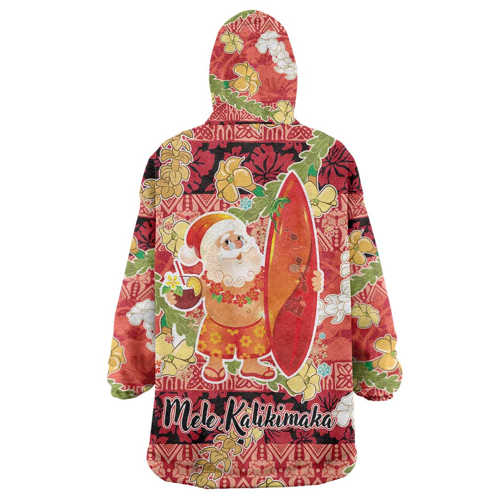 Hawaii Santa Mele Kalikimaka Wearable Blanket Hoodie Tropical Puakenikeni Lei with Polynesian Tribal Pattern - Polynesian Pride