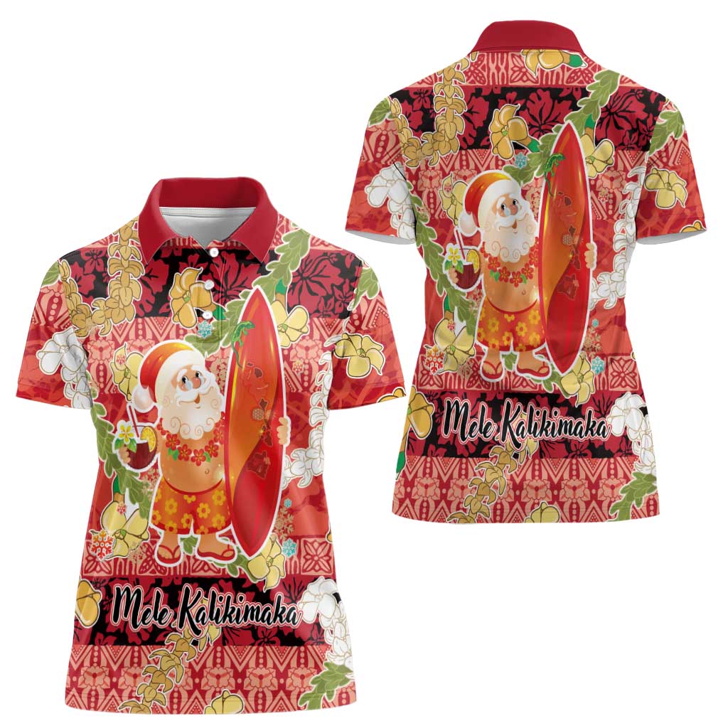 Hawaii Santa Mele Kalikimaka Women Polo Shirt Tropical Puakenikeni Lei with Polynesian Tribal Pattern LT03 - Polynesian Pride