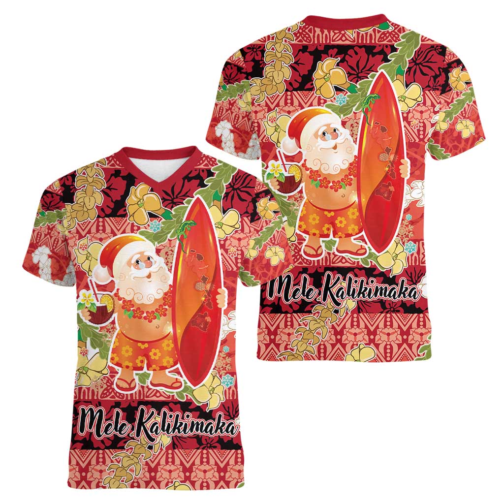 Hawaii Santa Mele Kalikimaka Women V-Neck T-Shirt Tropical Puakenikeni Lei with Polynesian Tribal Pattern - Polynesian Pride