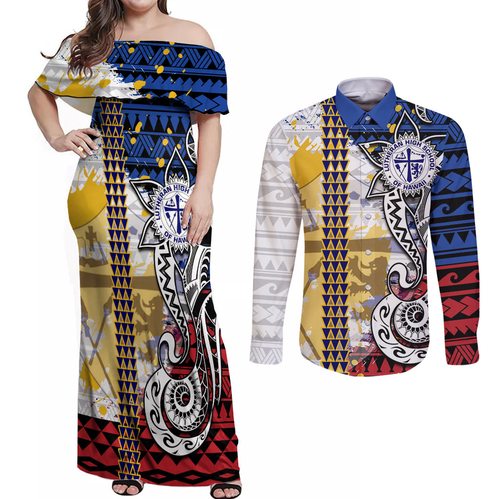 Hawaii Lutheran High School Couples Matching Off Shoulder Maxi Dress and Long Sleeve Button Shirt Kakau Pattern Splash Style LT03 Red - Polynesian Pride