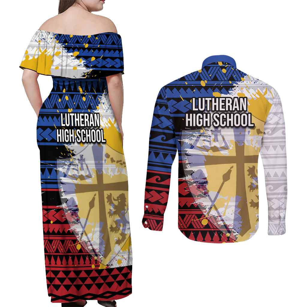 Hawaii Lutheran High School Couples Matching Off Shoulder Maxi Dress and Long Sleeve Button Shirt Kakau Pattern Splash Style LT03 - Polynesian Pride