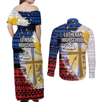 Hawaii Lutheran High School Couples Matching Off Shoulder Maxi Dress and Long Sleeve Button Shirt Kakau Pattern Splash Style LT03 - Polynesian Pride