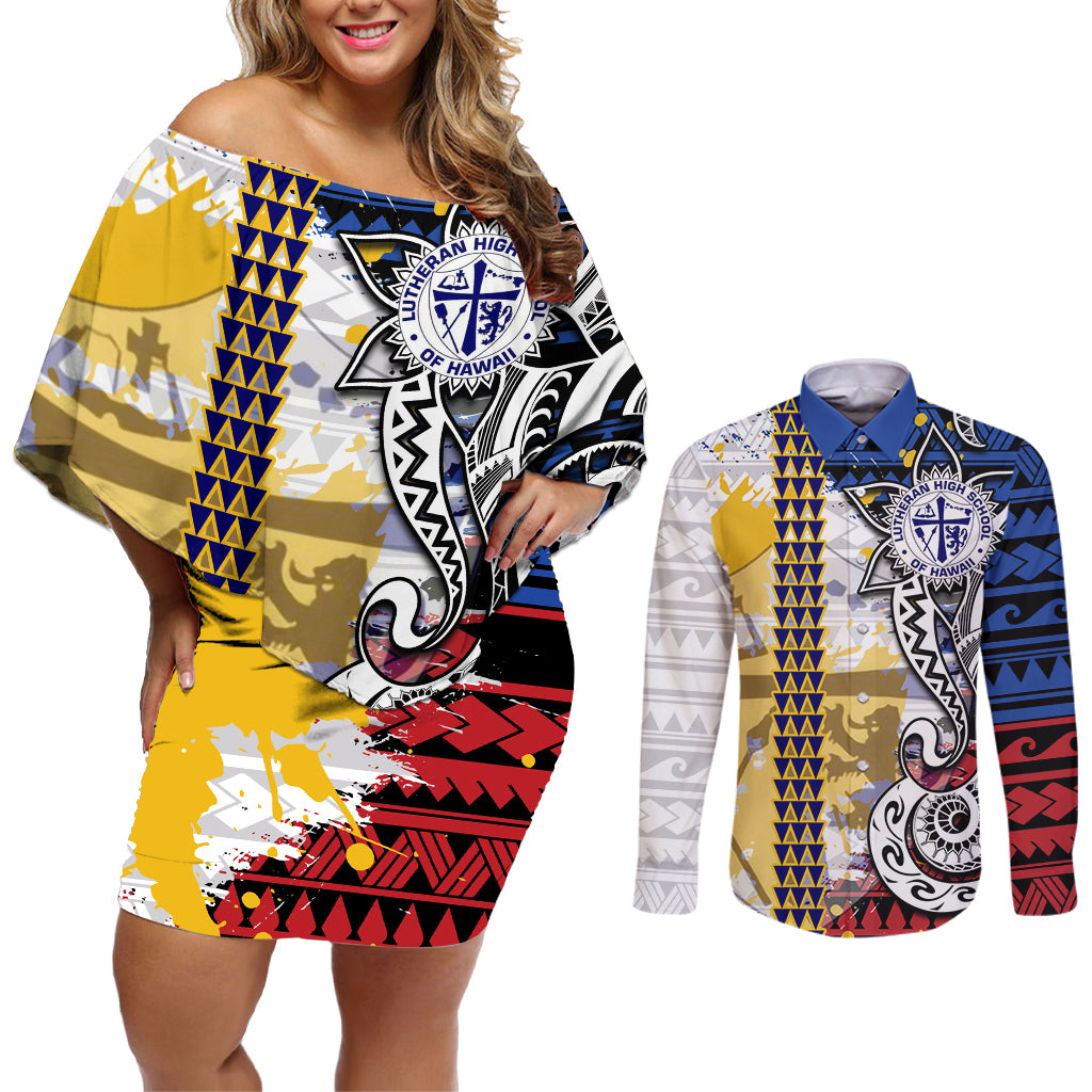 Hawaii Lutheran High School Couples Matching Off Shoulder Short Dress and Long Sleeve Button Shirt Kakau Pattern Splash Style LT03 Red - Polynesian Pride