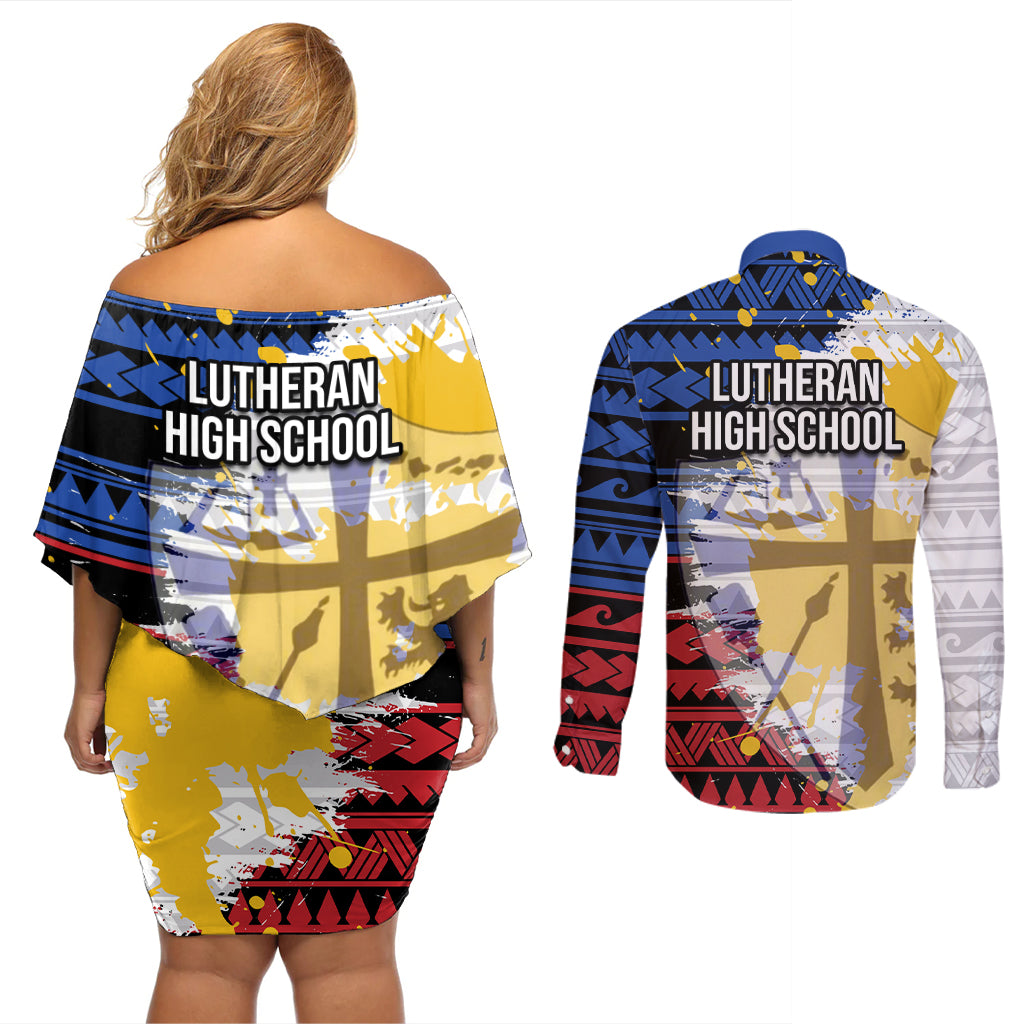 Hawaii Lutheran High School Couples Matching Off Shoulder Short Dress and Long Sleeve Button Shirt Kakau Pattern Splash Style LT03 - Polynesian Pride