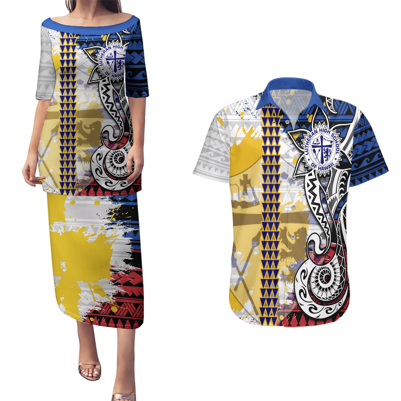 Hawaii Lutheran High School Couples Matching Puletasi Dress and Hawaiian Shirt Kakau Pattern Splash Style LT03 Red - Polynesian Pride