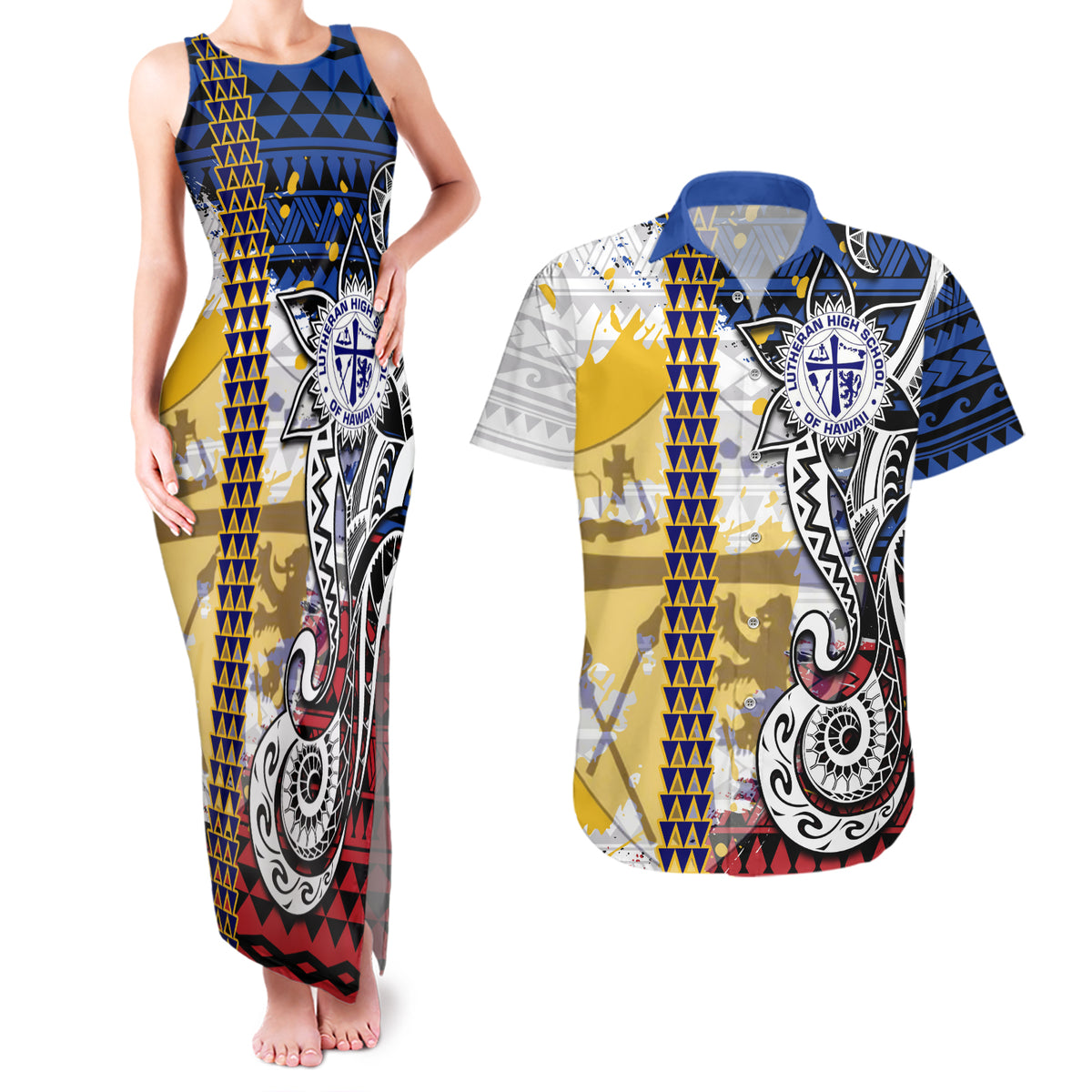 Hawaii Lutheran High School Couples Matching Tank Maxi Dress and Hawaiian Shirt Kakau Pattern Splash Style LT03 Red - Polynesian Pride