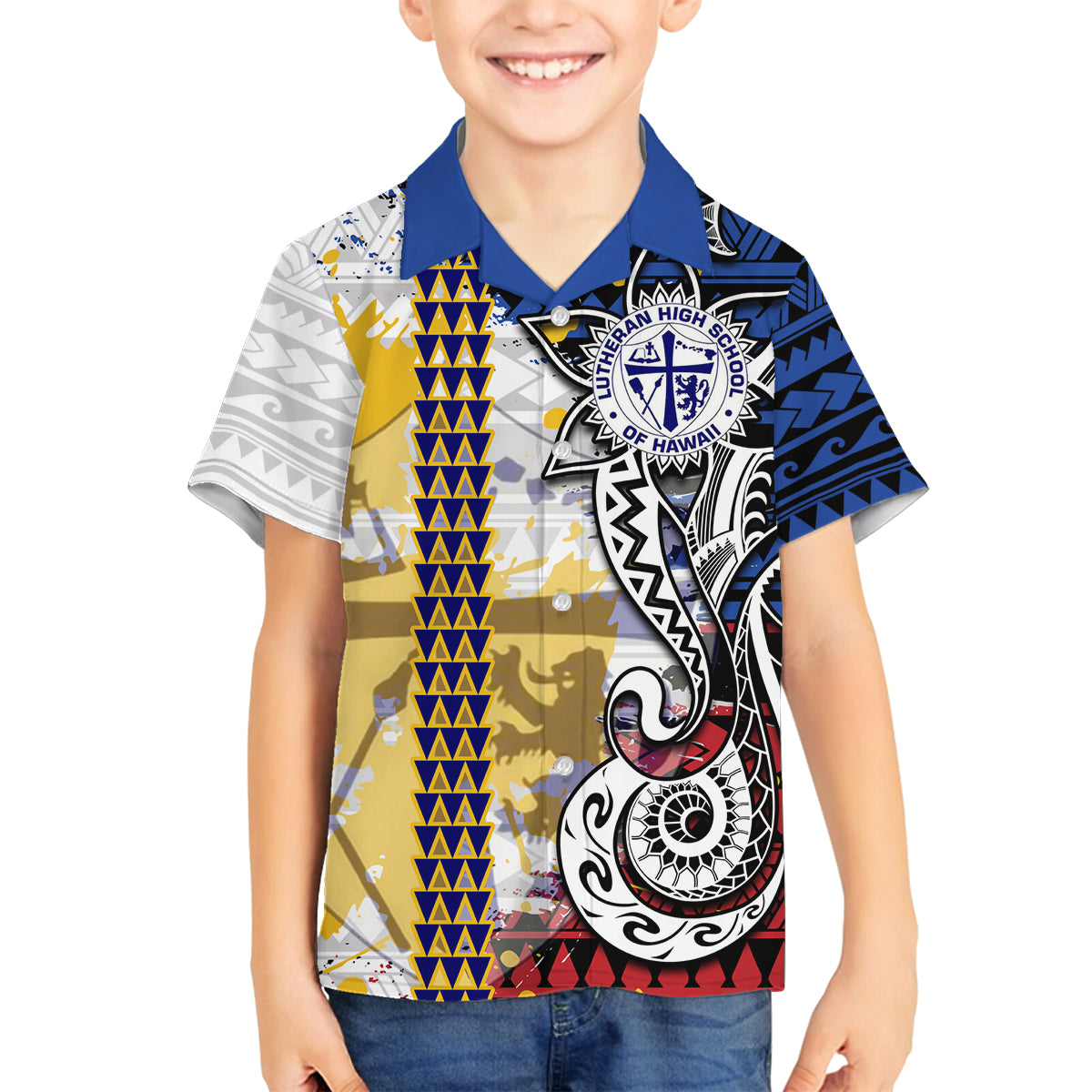 Hawaii Lutheran High School Family Matching Puletasi Dress and Hawaiian Shirt Kakau Pattern Splash Style LT03 Son's Shirt Red - Polynesian Pride