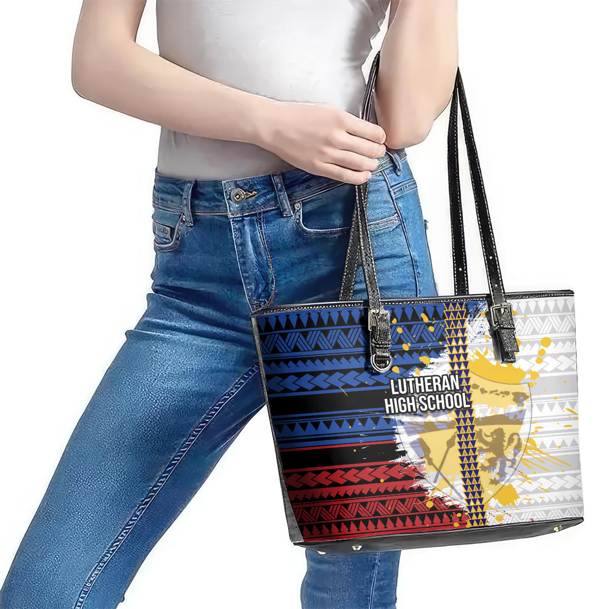 Hawaii Lutheran High School Leather Tote Bag Kakau Pattern Splash Style LT03 - Polynesian Pride