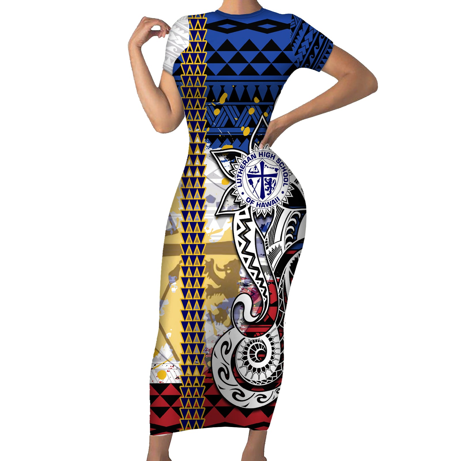 Hawaii Lutheran High School Short Sleeve Bodycon Dress Kakau Pattern Splash Style LT03 Long Dress Red - Polynesian Pride
