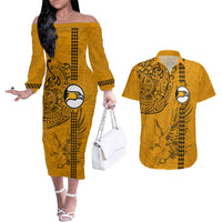 Nanakuli High and Intermediate School Couples Matching Off The Shoulder Long Sleeve Dress and Hawaiian Shirt Tribal Kakau Pattern LT03 Yellow - Polynesian Pride