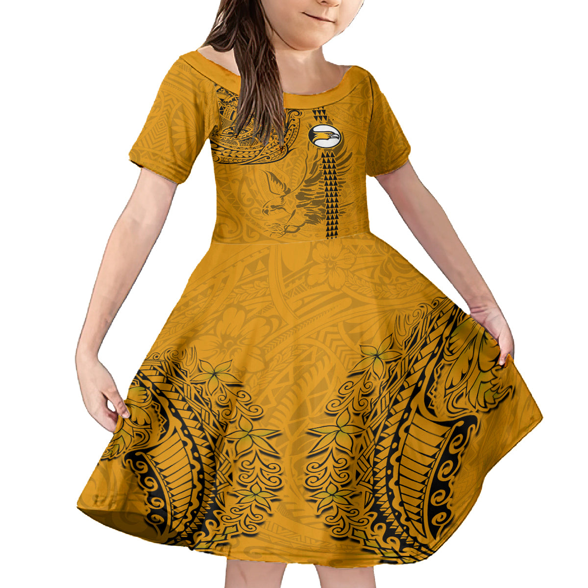 Nanakuli High and Intermediate School Family Matching Off Shoulder Maxi Dress and Hawaiian Shirt Tribal Kakau Pattern LT03 Daughter's Dress Yellow - Polynesian Pride