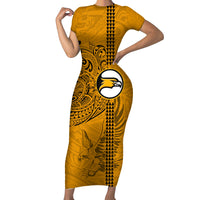 Nanakuli High and Intermediate School Family Matching Short Sleeve Bodycon Dress and Hawaiian Shirt Tribal Kakau Pattern LT03 Mom's Dress Yellow - Polynesian Pride