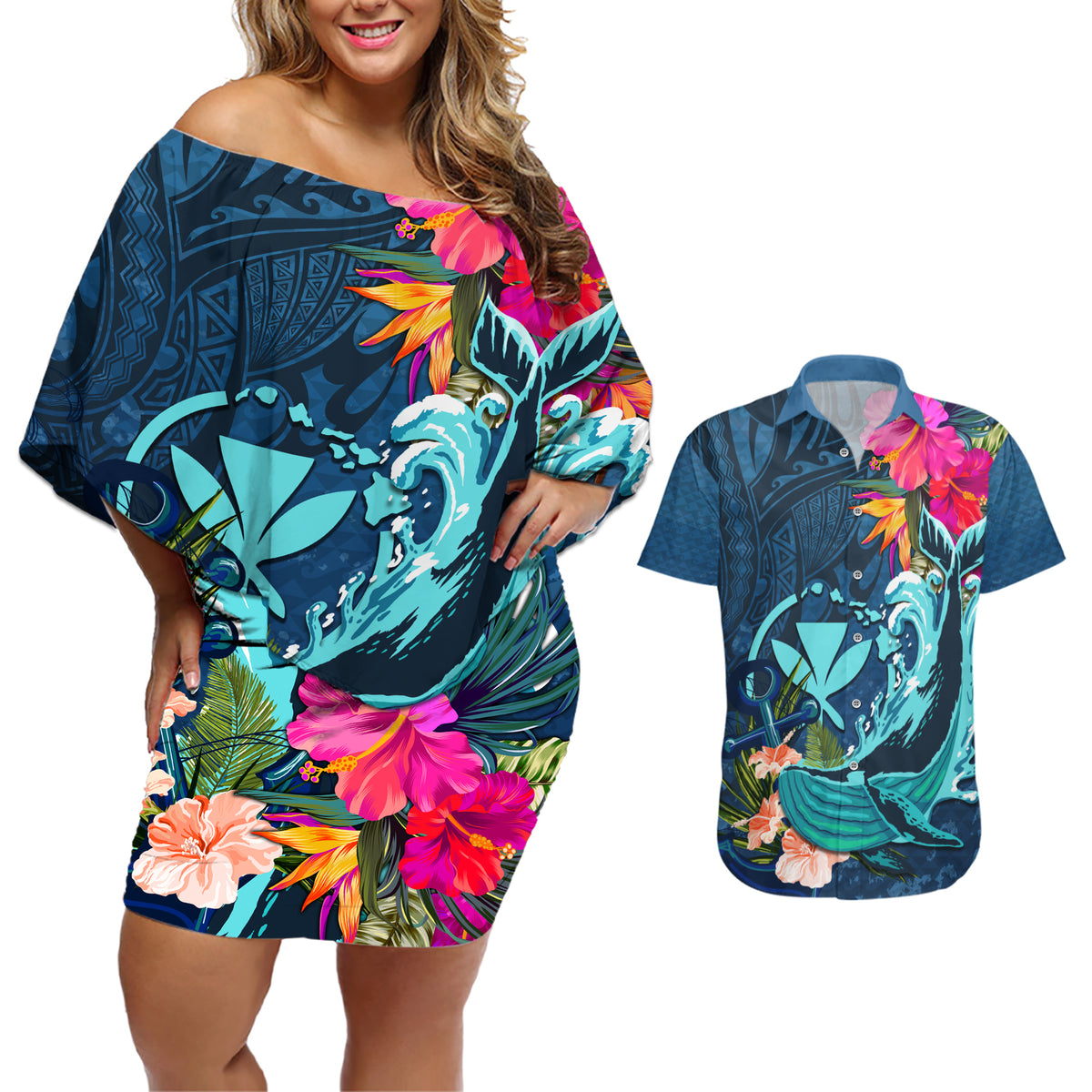 Hawaii Couples Matching Off Shoulder Short Dress and Hawaiian Shirt Whale Mix Hibiscus and Kanaka Maoli Blue Version LT03 Blue - Polynesian Pride
