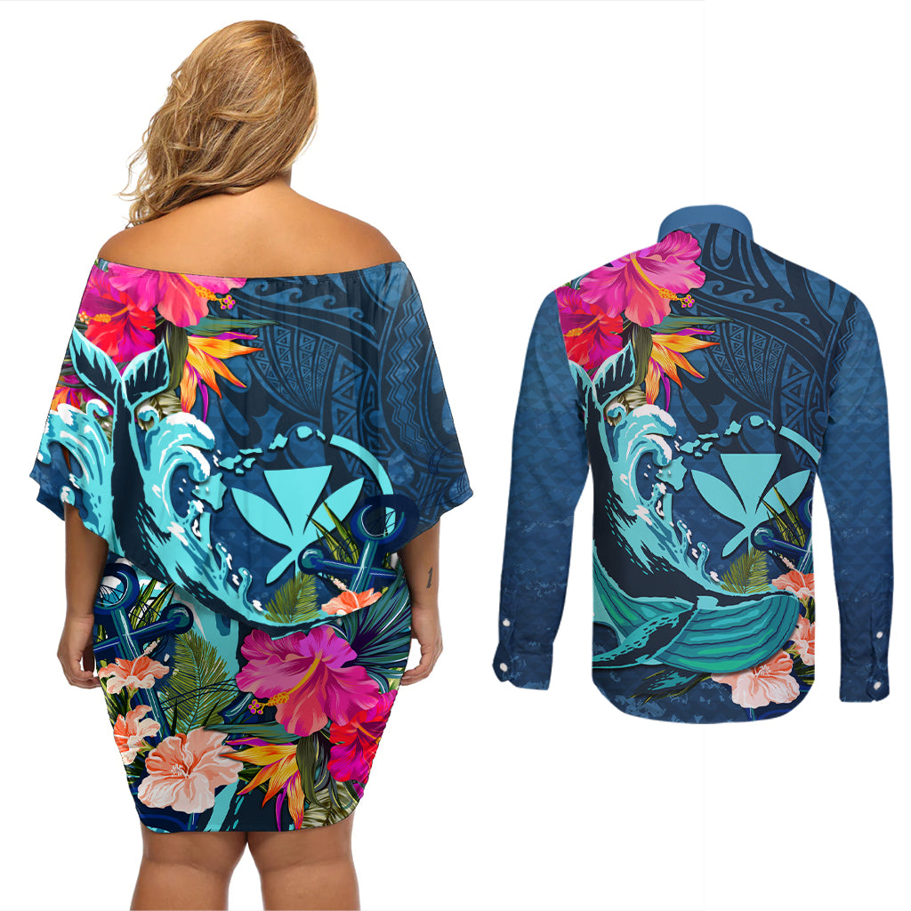 Hawaii Couples Matching Off Shoulder Short Dress and Long Sleeve Button Shirt Whale Mix Hibiscus and Kanaka Maoli Blue Version LT03 - Polynesian Pride