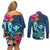 Hawaii Couples Matching Off Shoulder Short Dress and Long Sleeve Button Shirt Whale Mix Hibiscus and Kanaka Maoli Blue Version LT03 - Polynesian Pride