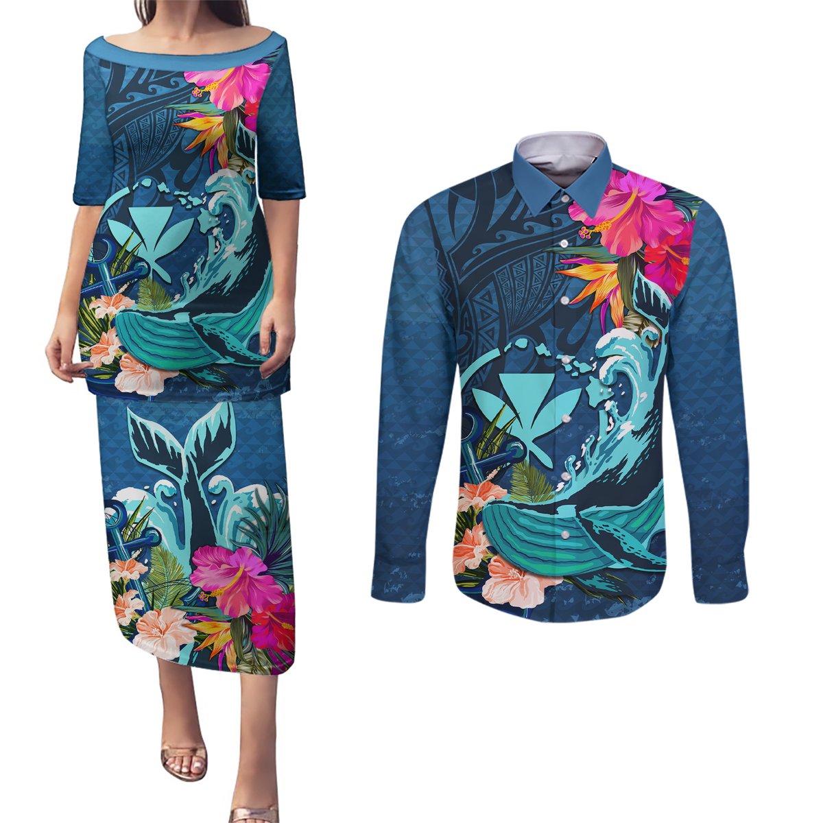 Hawaii Couples Matching Puletasi and Long Sleeve Button Shirt Whale Mix Hibiscus and Kanaka Maoli Blue Version LT03 Blue - Polynesian Pride