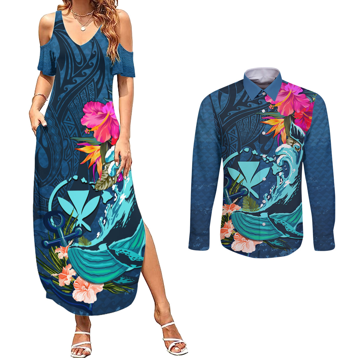 Hawaii Couples Matching Summer Maxi Dress and Long Sleeve Button Shirt Whale Mix Hibiscus and Kanaka Maoli Blue Version LT03 Blue - Polynesian Pride