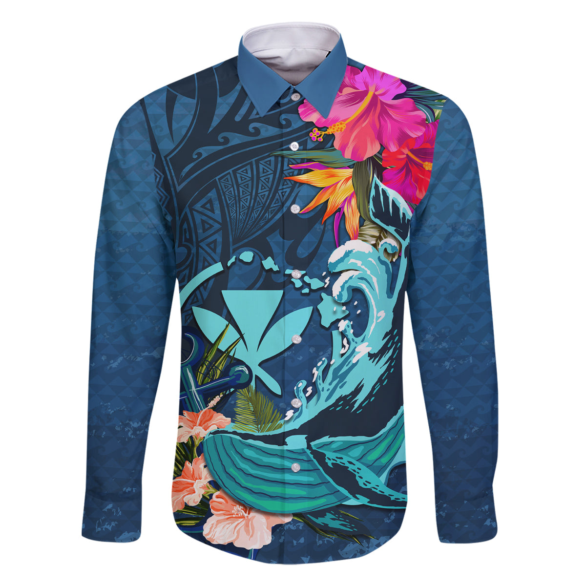 Hawaii Family Matching Off Shoulder Long Sleeve Dress and Hawaiian Shirt Whale Mix Hibiscus and Kanaka Maoli Blue Version LT03 Dad's Shirt - Long Sleeve Blue - Polynesian Pride