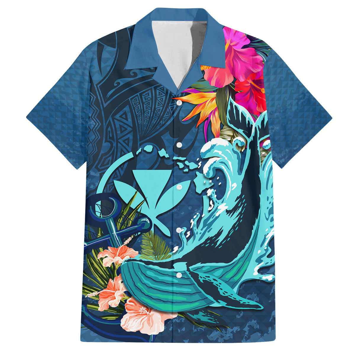 Hawaii Family Matching Off Shoulder Short Dress and Hawaiian Shirt Whale Mix Hibiscus and Kanaka Maoli Blue Version LT03 Dad's Shirt - Short Sleeve Blue - Polynesian Pride