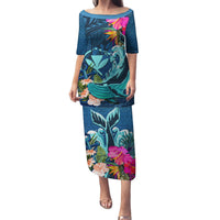 Hawaii Family Matching Puletasi and Hawaiian Shirt Whale Mix Hibiscus and Kanaka Maoli Blue Version LT03 Mom's Dress Blue - Polynesian Pride