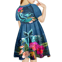 Hawaii Kid Short Sleeve Dress Whale Mix Hibiscus and Kanaka Maoli Blue Version LT03 - Polynesian Pride