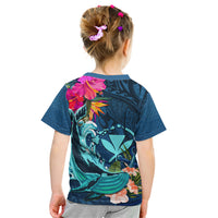 Hawaii Kid T Shirt Whale Mix Hibiscus and Kanaka Maoli Blue Version LT03 - Polynesian Pride