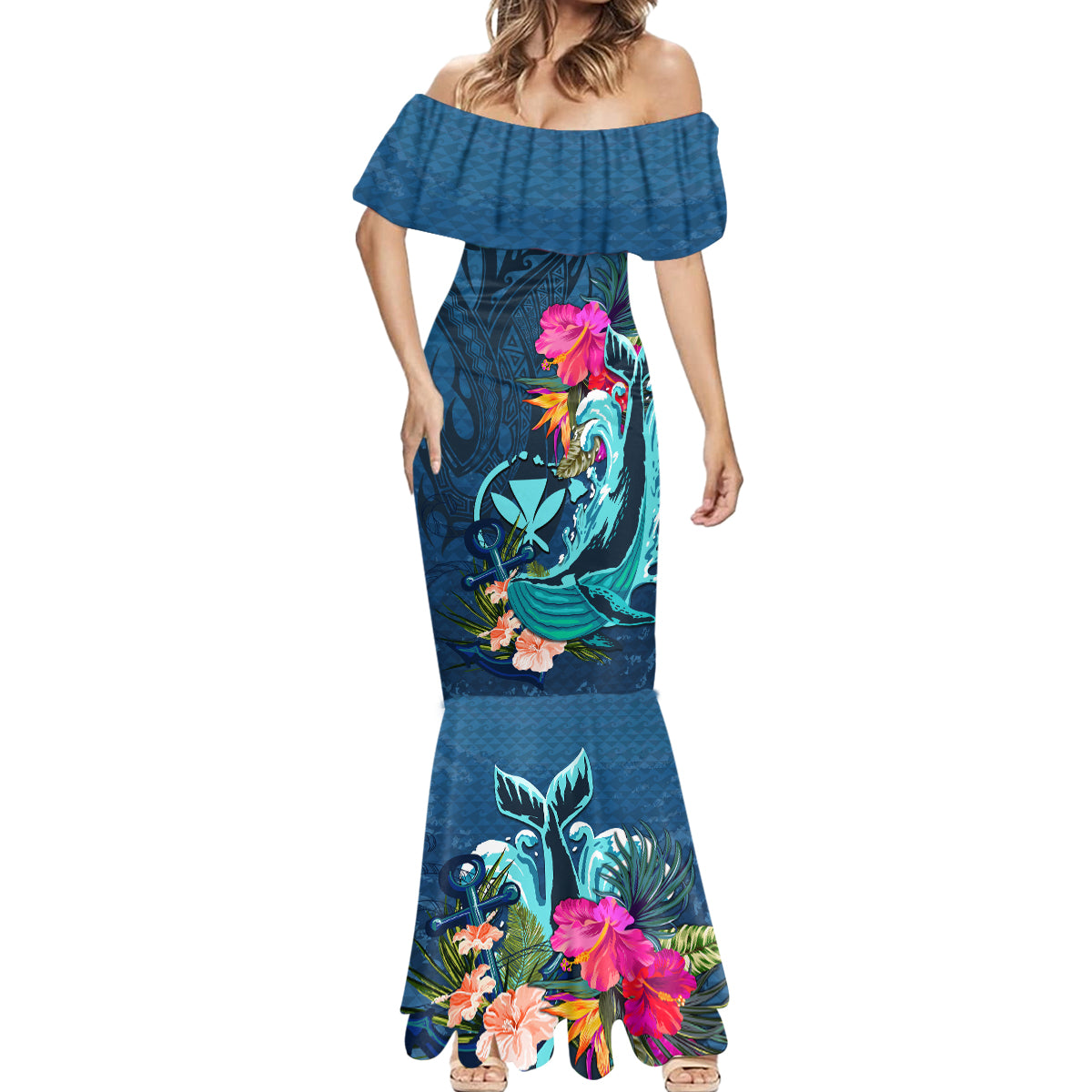 Hawaii Mermaid Dress Whale Mix Hibiscus and Kanaka Maoli Blue Version LT03 - Polynesian Pride