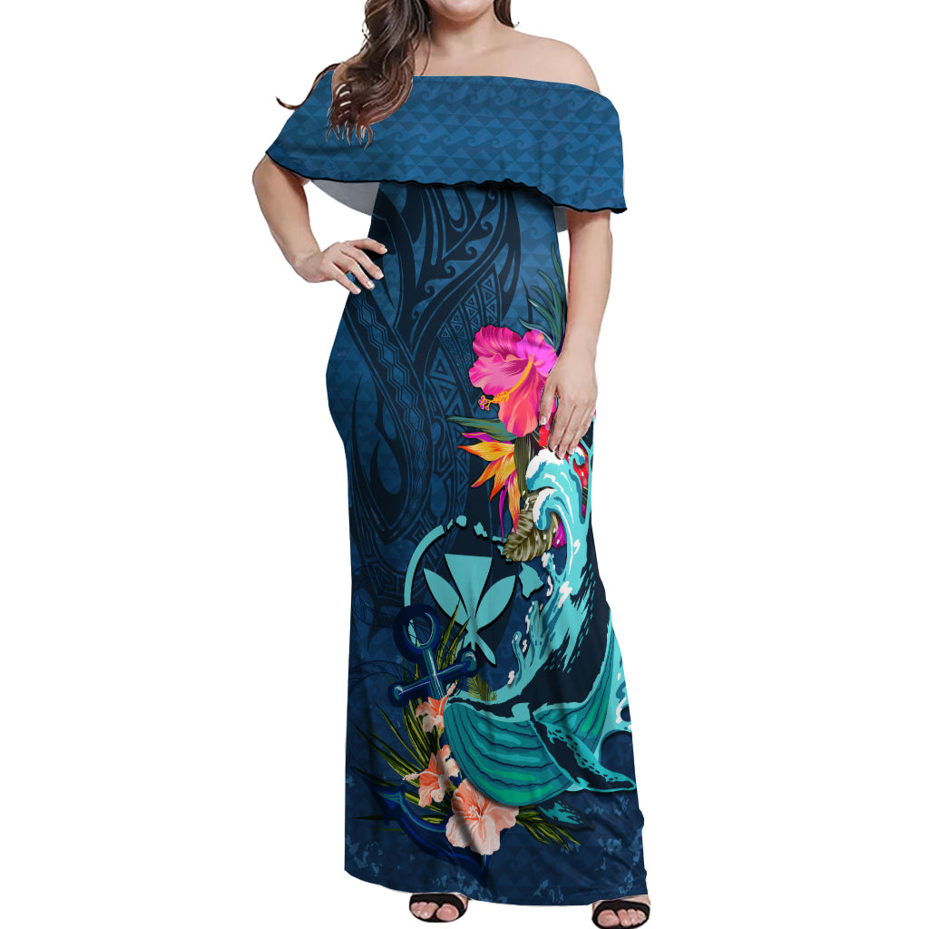 Hawaii Off Shoulder Maxi Dress Whale Mix Hibiscus and Kanaka Maoli Blue Version LT03 Women Blue - Polynesian Pride