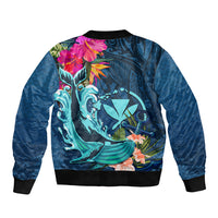 Hawaii Sleeve Zip Bomber Jacket Whale Mix Hibiscus and Kanaka Maoli Blue Version LT03 - Polynesian Pride