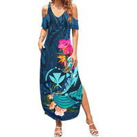 Hawaii Summer Maxi Dress Whale Mix Hibiscus and Kanaka Maoli Blue Version LT03 Women Blue - Polynesian Pride
