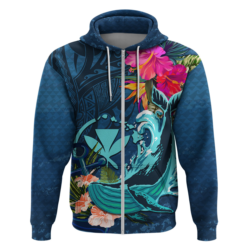 Hawaii Zip Hoodie Whale Mix Hibiscus and Kanaka Maoli Blue Version LT03 Zip Hoodie Blue - Polynesian Pride