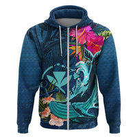 Hawaii Zip Hoodie Whale Mix Hibiscus and Kanaka Maoli Blue Version LT03 Zip Hoodie Blue - Polynesian Pride