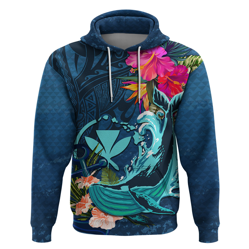 Hawaii Zip Hoodie Whale Mix Hibiscus and Kanaka Maoli Blue Version LT03 Pullover Hoodie Blue - Polynesian Pride