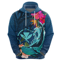 Hawaii Zip Hoodie Whale Mix Hibiscus and Kanaka Maoli Blue Version LT03 - Polynesian Pride