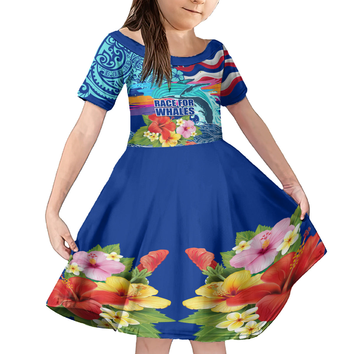 Hawaii Race For Whales Family Matching Long Sleeve Bodycon Dress and Hawaiian Shirt Flag and Polynesian Hibiscus LT03 Daughter's Dress Blue - Polynesian Pride