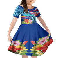 Hawaii Race For Whales Family Matching Long Sleeve Bodycon Dress and Hawaiian Shirt Flag and Polynesian Hibiscus LT03 Daughter's Dress Blue - Polynesian Pride
