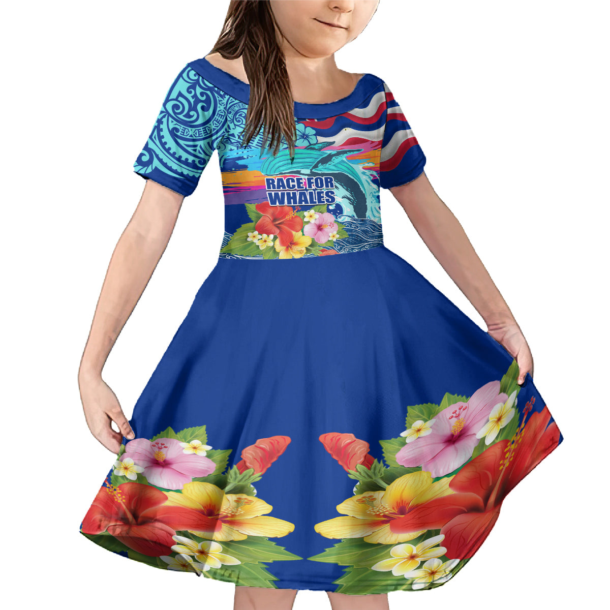 Hawaii Race For Whales Family Matching Mermaid Dress and Hawaiian Shirt Flag and Polynesian Hibiscus LT03 Daughter's Dress Blue - Polynesian Pride