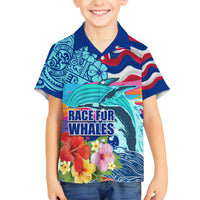 Hawaii Race For Whales Family Matching Off Shoulder Maxi Dress and Hawaiian Shirt Flag and Polynesian Hibiscus LT03 Son's Shirt Blue - Polynesian Pride
