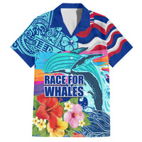 Hawaii Race For Whales Family Matching Off Shoulder Short Dress and Hawaiian Shirt Flag and Polynesian Hibiscus LT03 Dad's Shirt - Short Sleeve Blue - Polynesian Pride